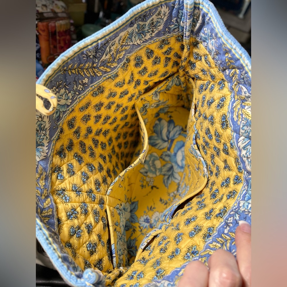 Vintage Quilted Keepers yellow & blue floral fabric tote cottage French Country - Picture 9 of 12